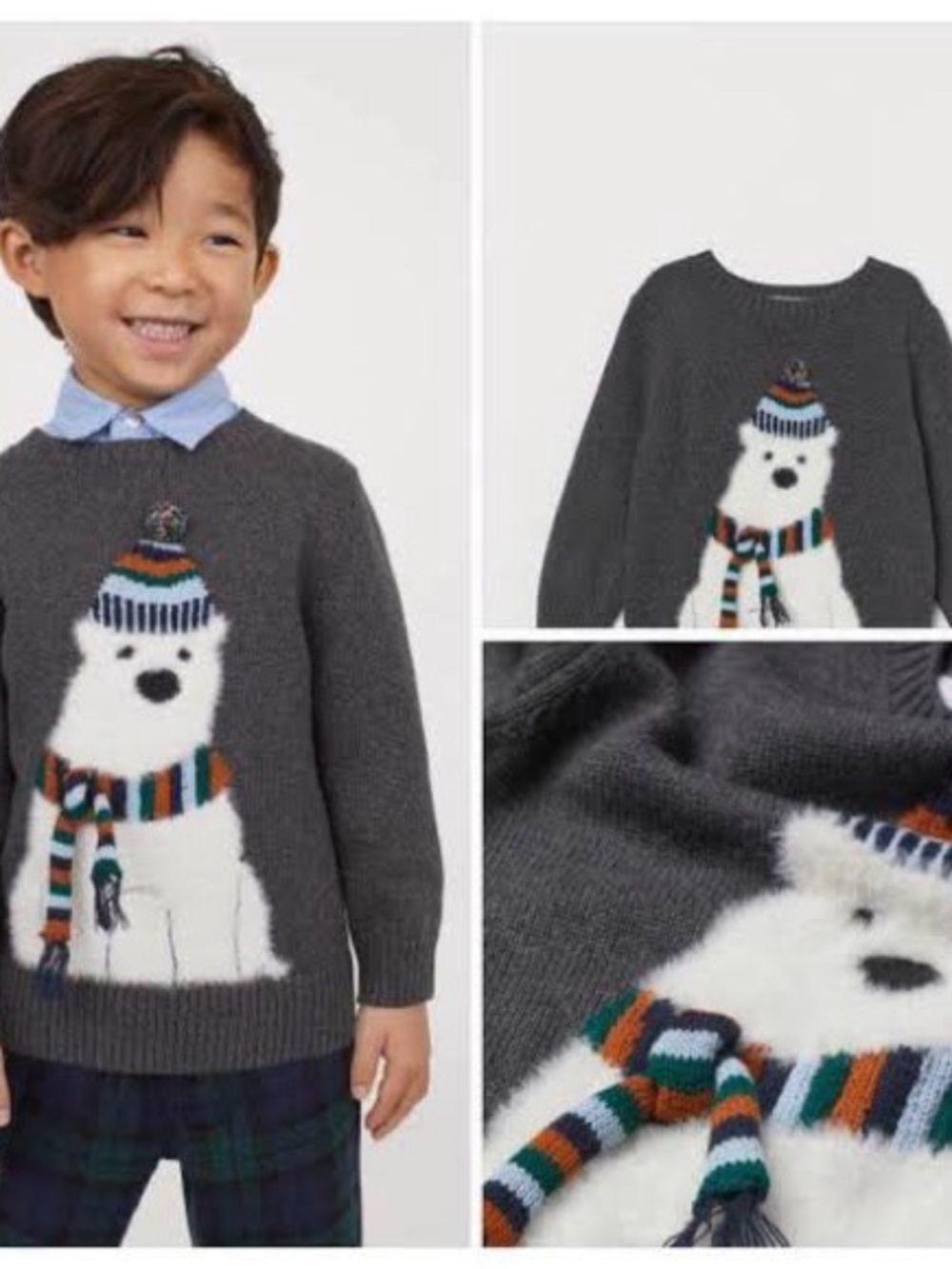 H&M Dark Gray Kids Knit Sweater White Polar Bear and Multicolor Stripes 2-4T